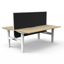 Eternity 4 Person Double Sided Workstation - With Screen_x000D_
Natural Oak Melamine and White Powder Coat | E0 Enviroboard Top With 410mm W x 50mm D Scallop Cable Access | 3600mm W x 1530mm D x 1200mm H ( Overall ), 1800mm W x 750mm D x 730mm H Per User Default Vendor