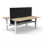 Eternity 6 Person Double Sided Workstation - With Screen_x000D_
Natural Oak Melamine and White Powder Coat | E0 Enviroboard Top With 410mm W x 50mm D Scallop Cable Access | 3600mm W x 1530mm D x 1200mm H ( Overall ), 1200mm W x 750mm D x 730mm H Per User Default Vendor
